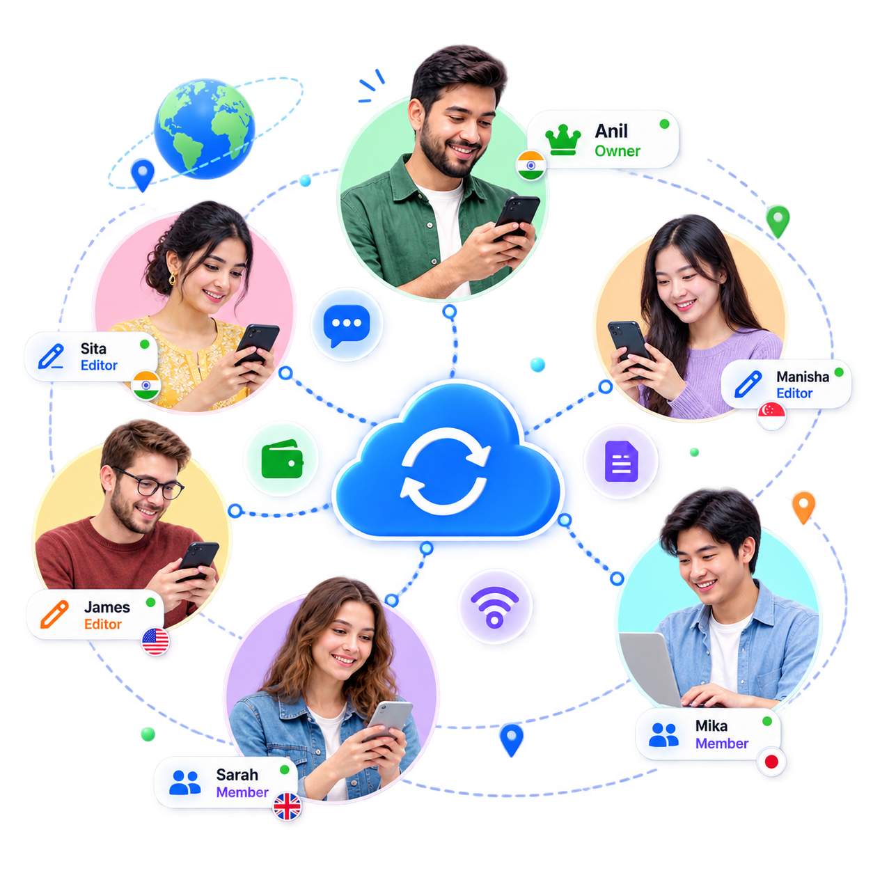TallyKnot Android app showing a shared cashbook with multiple members